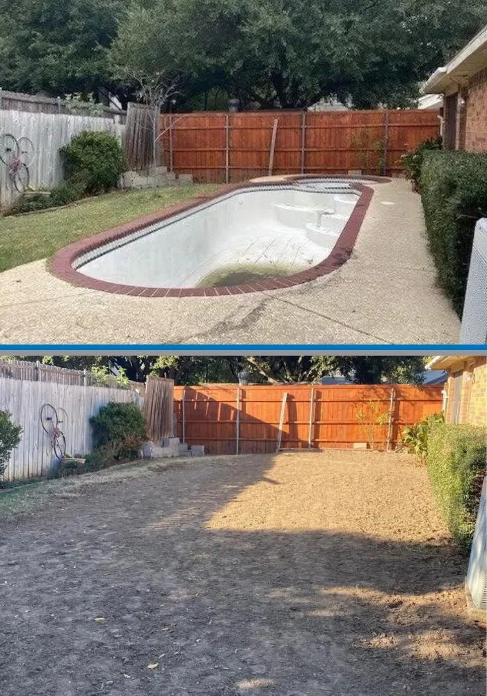 Before and after residential pool removal in Fort Worth backyard — drained inground pool demolished, debris hauled, yard backfilled and graded level
