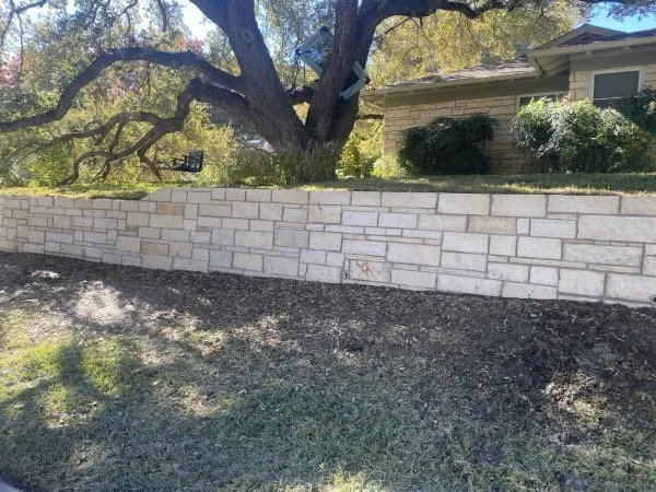 Sawed Austin Stone retaining wall leveling a sloped front yard beside a large oak tree at a Fort Worth residence