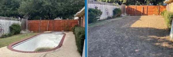 Before and after pool removal in DFW backyard: empty inground pool demolished, debris hauled, lot backfilled and graded level