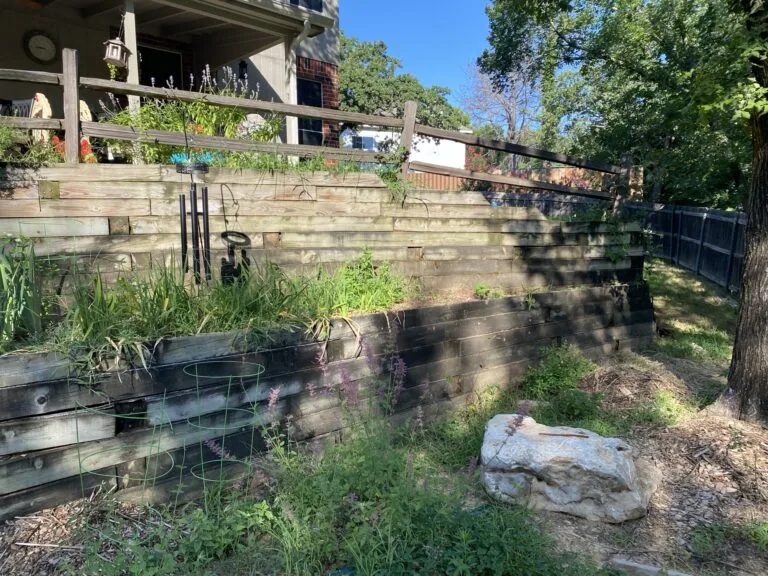 Aging weathered wood timber retaining wall with rotting boards and overgrown vegetation in a residential backyard, Arlington TX