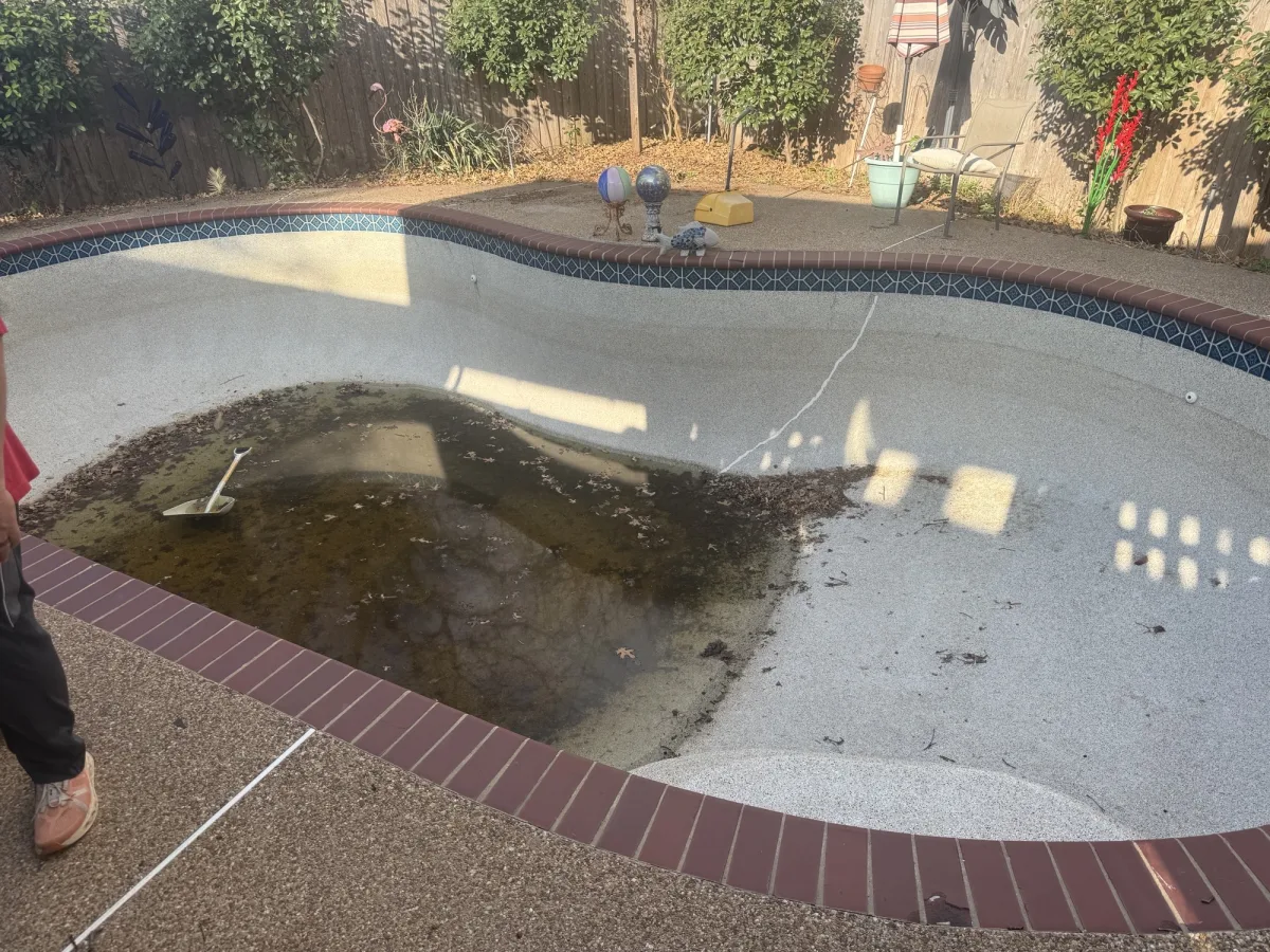 Drained in-ground pool with standing water and debris in Bedford, TX before demolition by DFW Retaining Walls and Pool Demo